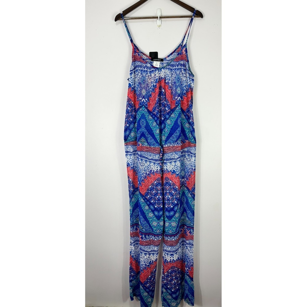 Ellen Tracy Jumpsuit Womens XL‎ Blue Geometric Print Spaghetti Strap Boho Summer